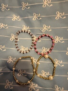 Homemade Beaded Stretch Bracelet Set - Pink, Gold, Clear, Pearl